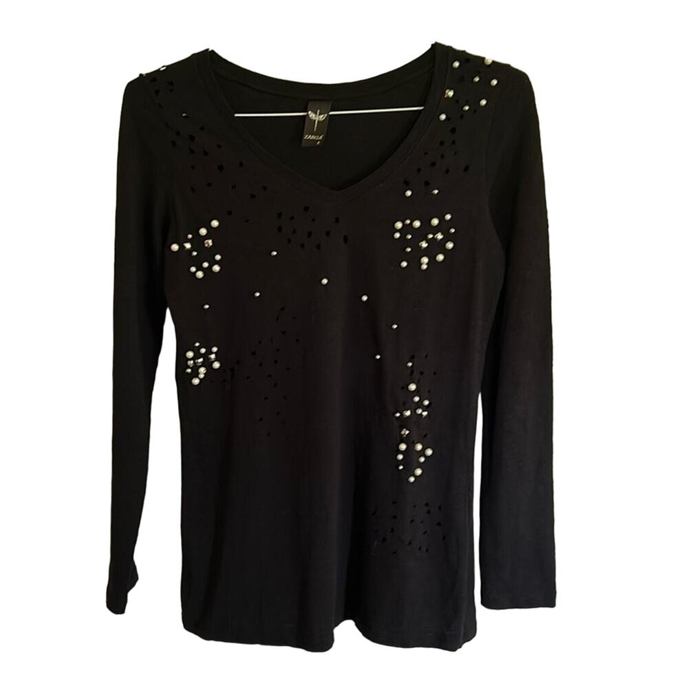 ZARGA women’s size small Black  long sleeved long tailed top, with pearls.